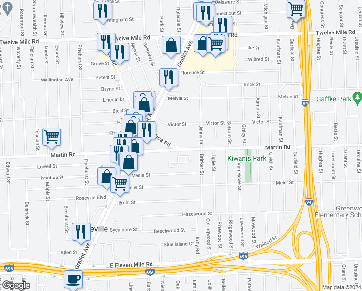 map of restaurants, bars, coffee shops, grocery stores, and more near 18541 Utica Road in Roseville