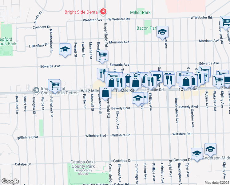 map of restaurants, bars, coffee shops, grocery stores, and more near 4105 Twelve Mile Road in Berkley