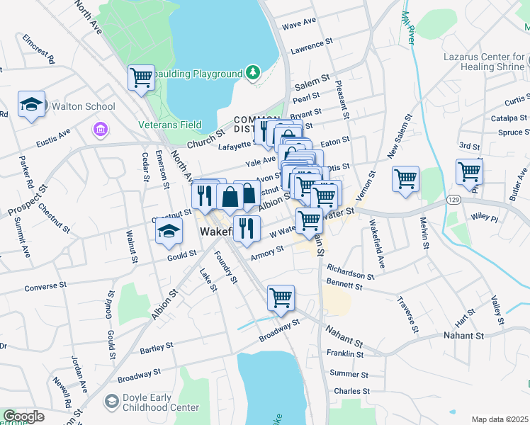 map of restaurants, bars, coffee shops, grocery stores, and more near 74 Albion Street in Wakefield
