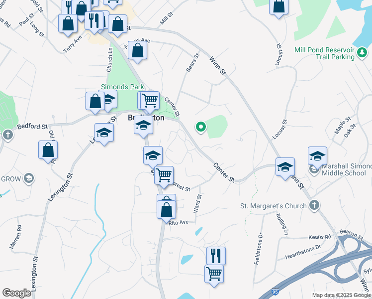 map of restaurants, bars, coffee shops, grocery stores, and more near 105 Farms Drive in Burlington