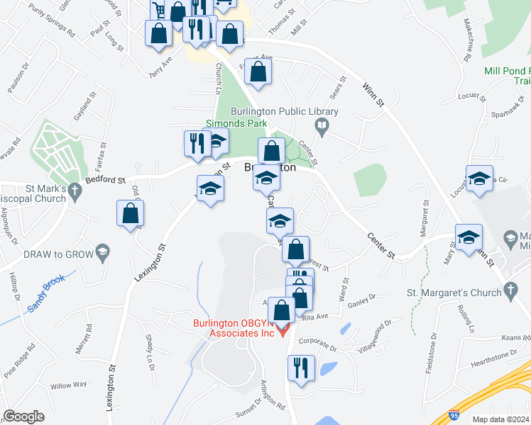 map of restaurants, bars, coffee shops, grocery stores, and more near 131 Cambridge Street in Burlington