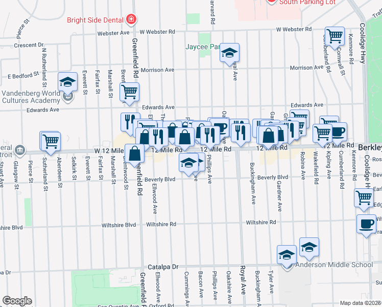map of restaurants, bars, coffee shops, grocery stores, and more near 3356 Cummings Avenue in Berkley