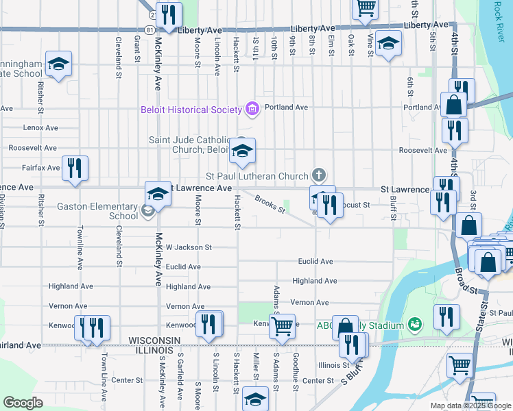 map of restaurants, bars, coffee shops, grocery stores, and more near 928 Brooks Street in Beloit