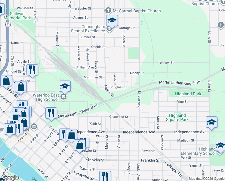 map of restaurants, bars, coffee shops, grocery stores, and more near 117 Ash Street in Waterloo