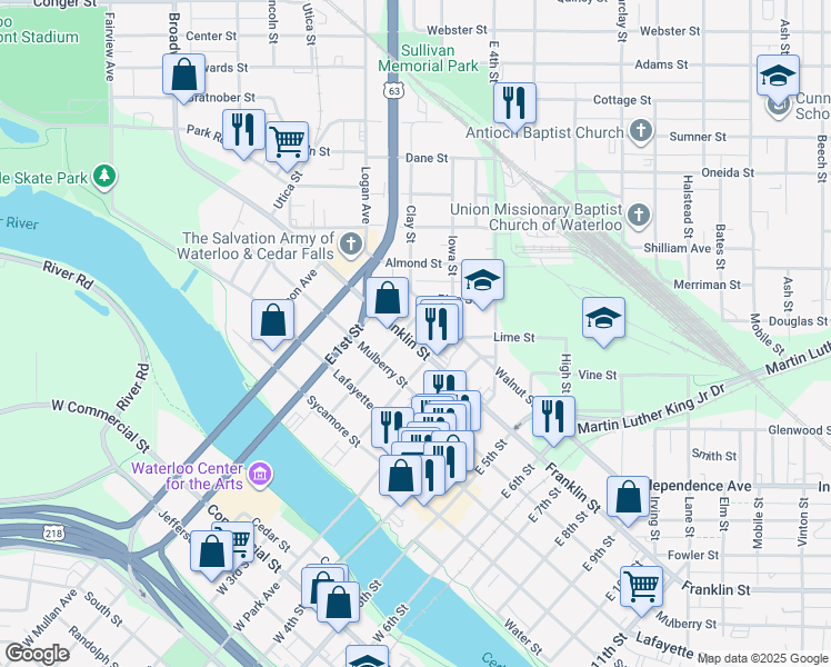 map of restaurants, bars, coffee shops, grocery stores, and more near 323 Franklin Street in Waterloo