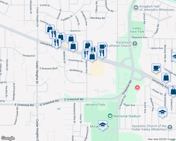 map of restaurants, bars, coffee shops, grocery stores, and more near 751 Progress Avenue in Waterloo