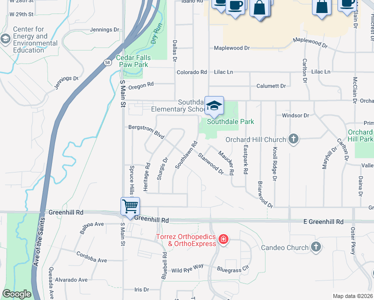 map of restaurants, bars, coffee shops, grocery stores, and more near 3909 Southlawn Road in Cedar Falls