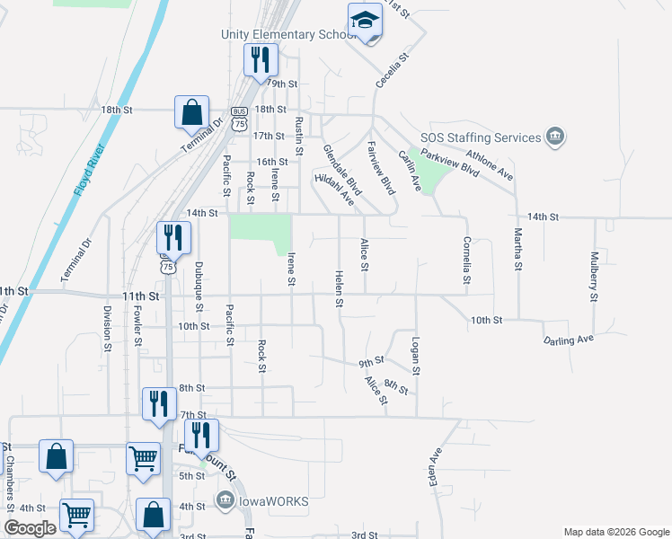 map of restaurants, bars, coffee shops, grocery stores, and more near 1101-1201 Helen St in Sioux City
