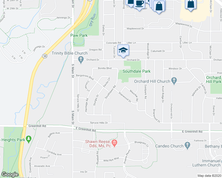 map of restaurants, bars, coffee shops, grocery stores, and more near 3915 Southlawn Road in Cedar Falls