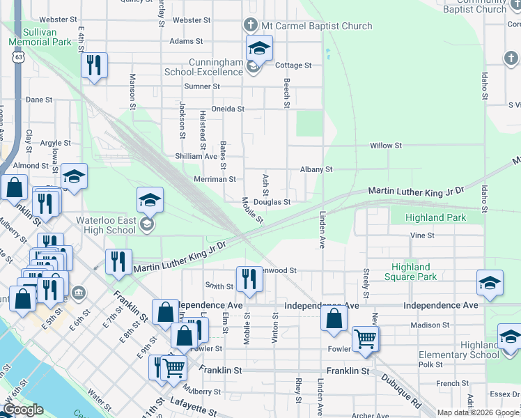 map of restaurants, bars, coffee shops, grocery stores, and more near 117 Ash Street in Waterloo