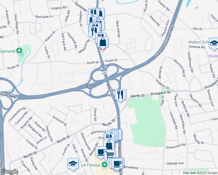 map of restaurants, bars, coffee shops, grocery stores, and more near 28 Main Street in Stoneham