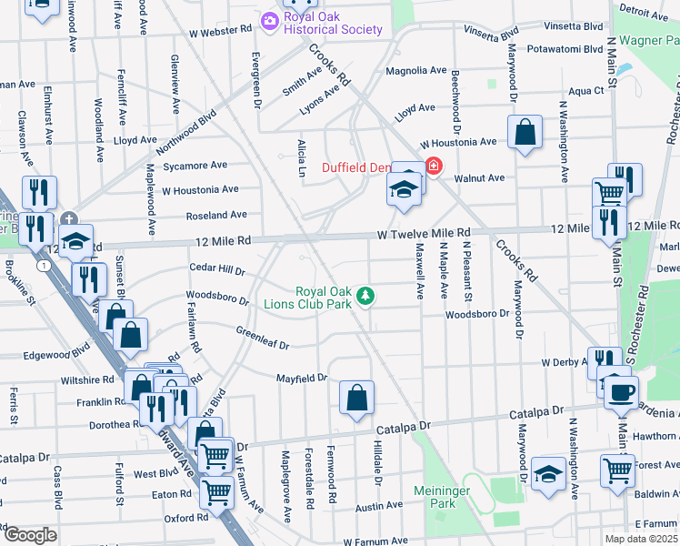 map of restaurants, bars, coffee shops, grocery stores, and more near 1538 Forestdale Road in Royal Oak