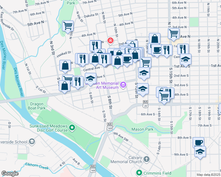 map of restaurants, bars, coffee shops, grocery stores, and more near 205 South 8th Street in Fort Dodge