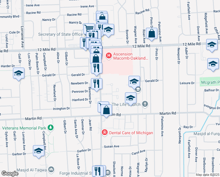 map of restaurants, bars, coffee shops, grocery stores, and more near 28442 Regency Court in Warren