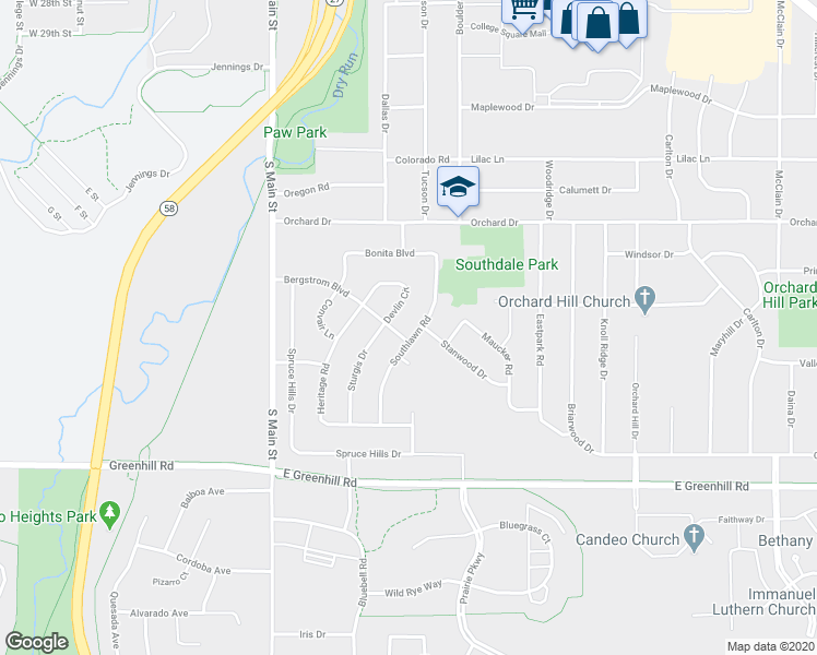 map of restaurants, bars, coffee shops, grocery stores, and more near 3917 Southlawn Road in Cedar Falls