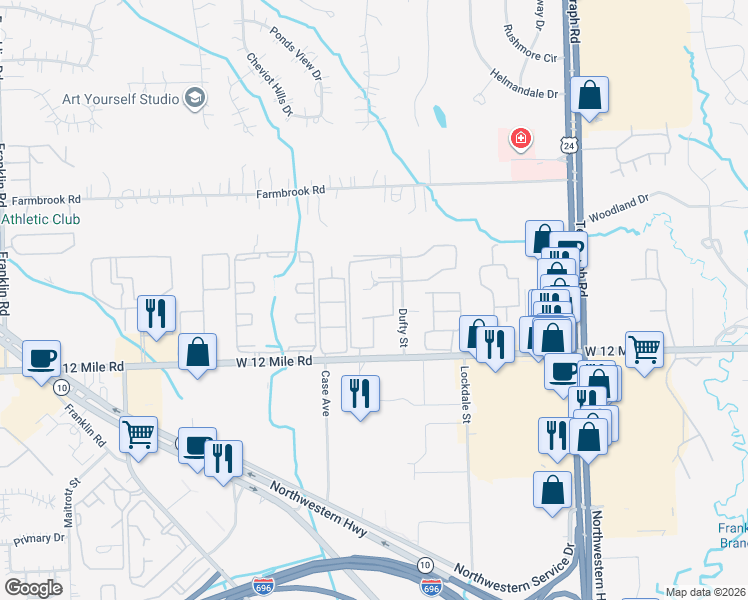 map of restaurants, bars, coffee shops, grocery stores, and more near 29101 Wellington Road East in Southfield