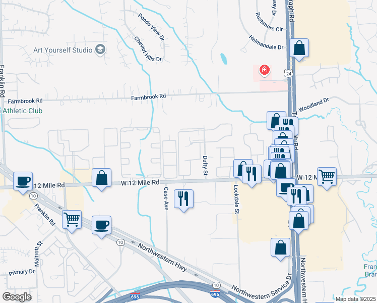 map of restaurants, bars, coffee shops, grocery stores, and more near 29101 Wellington Road East in Southfield