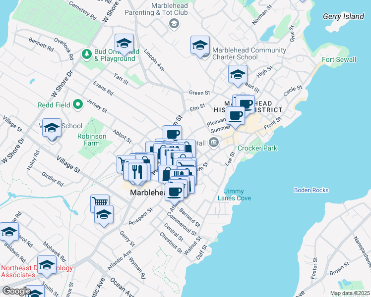 map of restaurants, bars, coffee shops, grocery stores, and more near 19 Bassett Street in Marblehead