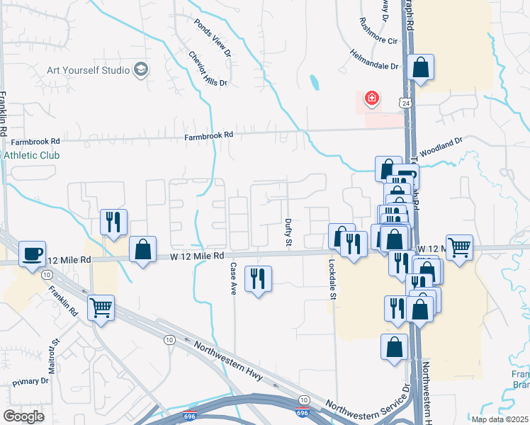 map of restaurants, bars, coffee shops, grocery stores, and more near 29101 Wellington Road East in Southfield