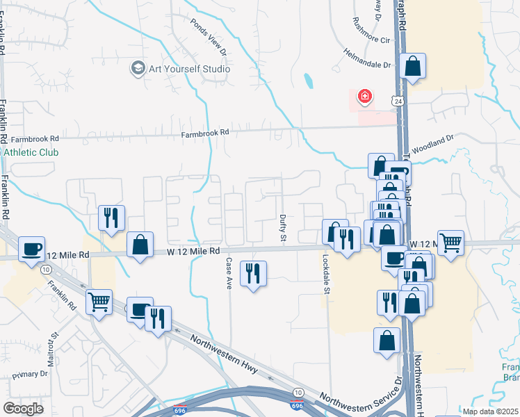 map of restaurants, bars, coffee shops, grocery stores, and more near 29101 Wellington Road East in Southfield