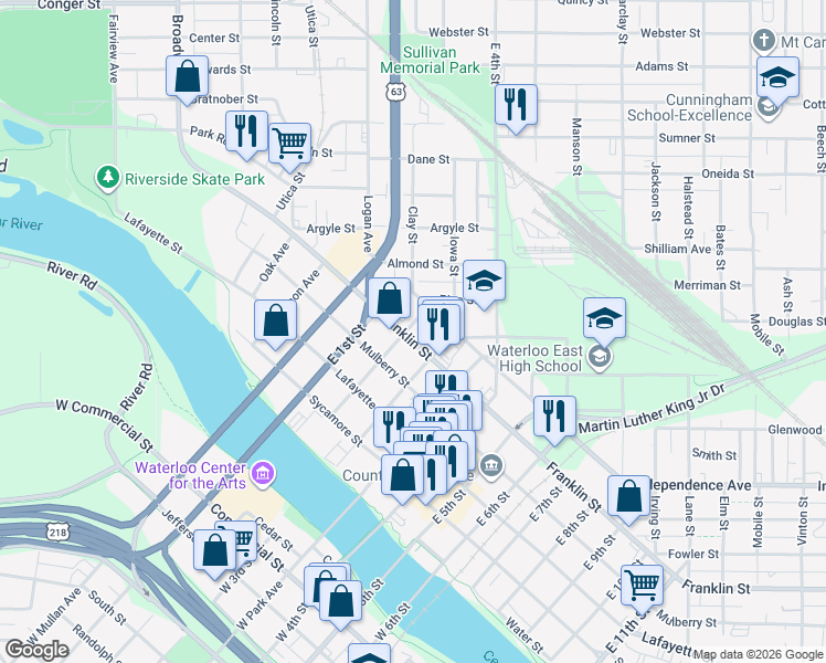 map of restaurants, bars, coffee shops, grocery stores, and more near 323 Franklin Street in Waterloo