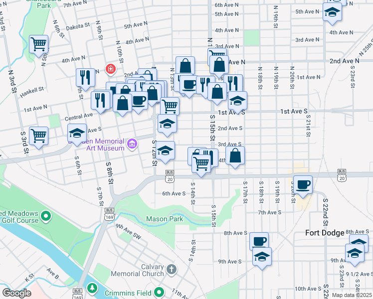 map of restaurants, bars, coffee shops, grocery stores, and more near 317 South 13th Street in Fort Dodge