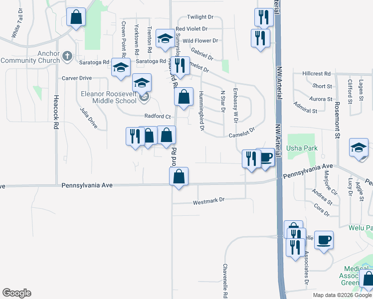 map of restaurants, bars, coffee shops, grocery stores, and more near 1800 Radford Road in Dubuque