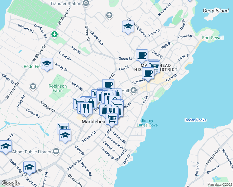 map of restaurants, bars, coffee shops, grocery stores, and more near 19 Bassett Street in Marblehead