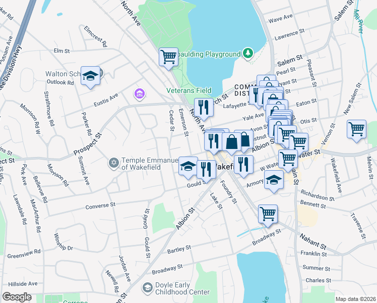 map of restaurants, bars, coffee shops, grocery stores, and more near 53 Chestnut Street in Wakefield