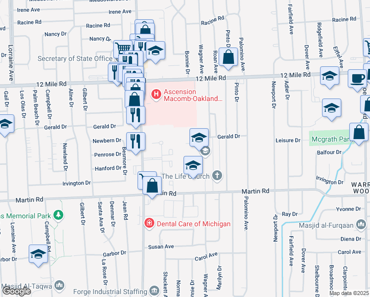 map of restaurants, bars, coffee shops, grocery stores, and more near 28111 Imperial Drive in Warren