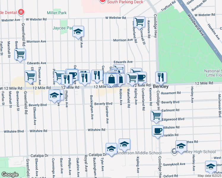 map of restaurants, bars, coffee shops, grocery stores, and more near 3324 Griffith Avenue in Berkley