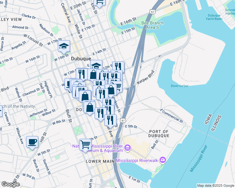 map of restaurants, bars, coffee shops, grocery stores, and more near 850 Jackson Street in Dubuque