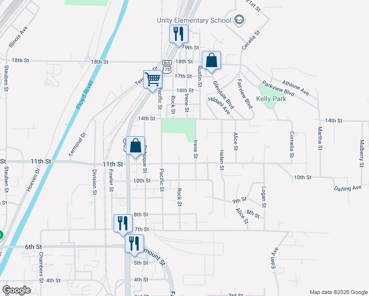 map of restaurants, bars, coffee shops, grocery stores, and more near 1198 Rock Street in Sioux City
