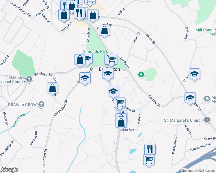 map of restaurants, bars, coffee shops, grocery stores, and more near 131 Cambridge Street in Burlington