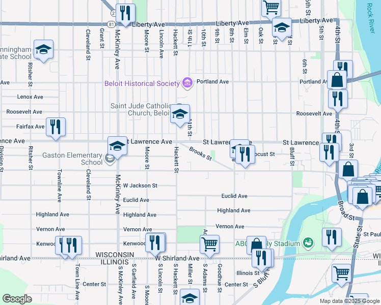 map of restaurants, bars, coffee shops, grocery stores, and more near 928 Brooks Street in Beloit