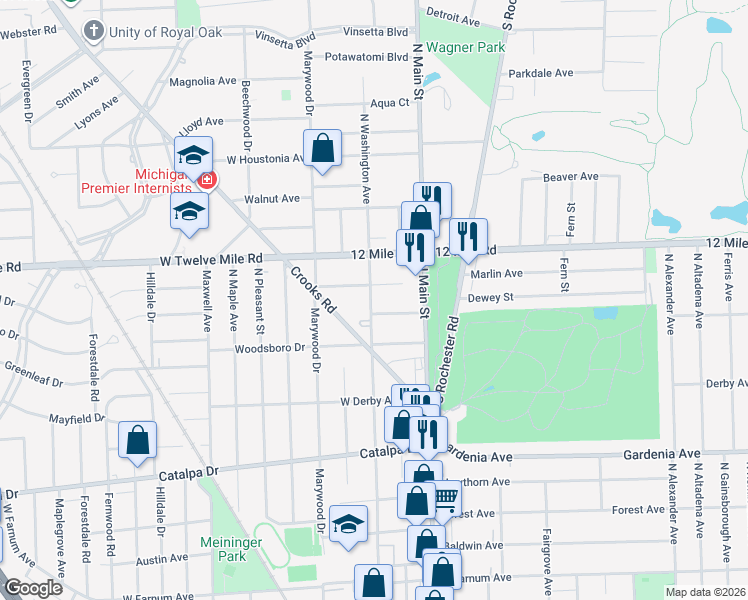 map of restaurants, bars, coffee shops, grocery stores, and more near 218 Euclid Avenue in Royal Oak