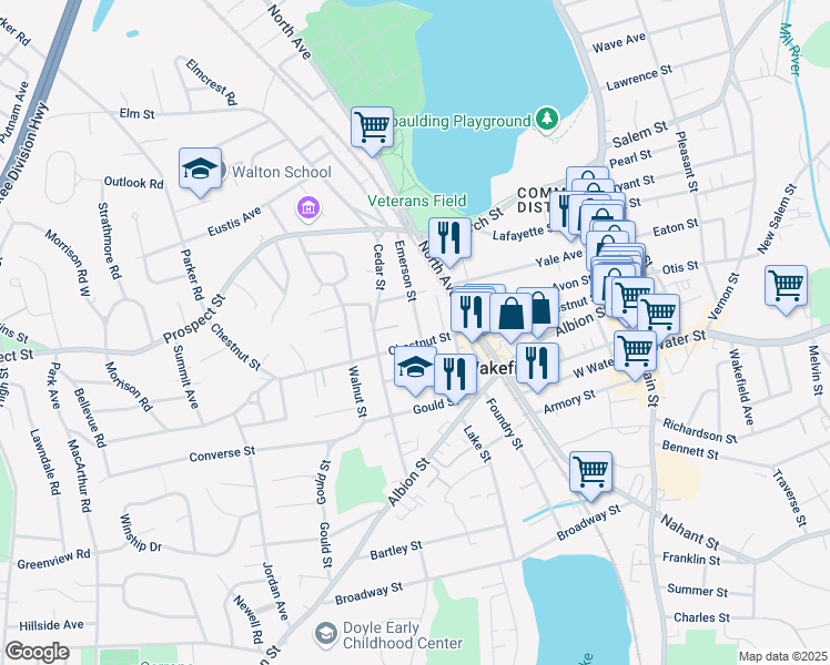 map of restaurants, bars, coffee shops, grocery stores, and more near 53 Chestnut Street in Wakefield