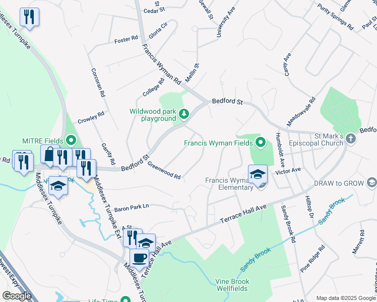 map of restaurants, bars, coffee shops, grocery stores, and more near 8 Pleasant Street in Burlington