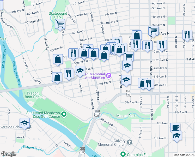 map of restaurants, bars, coffee shops, grocery stores, and more near 205 South 8th Street in Fort Dodge