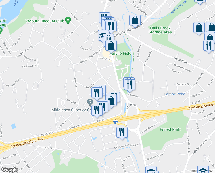 map of restaurants, bars, coffee shops, grocery stores, and more near 24 Elm Street in Woburn