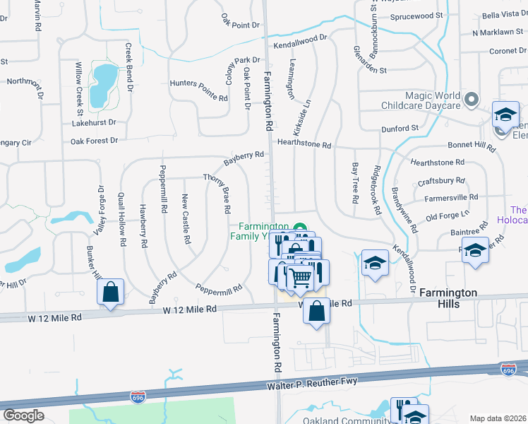 map of restaurants, bars, coffee shops, grocery stores, and more near 28219 Farmington Road in Farmington Hills