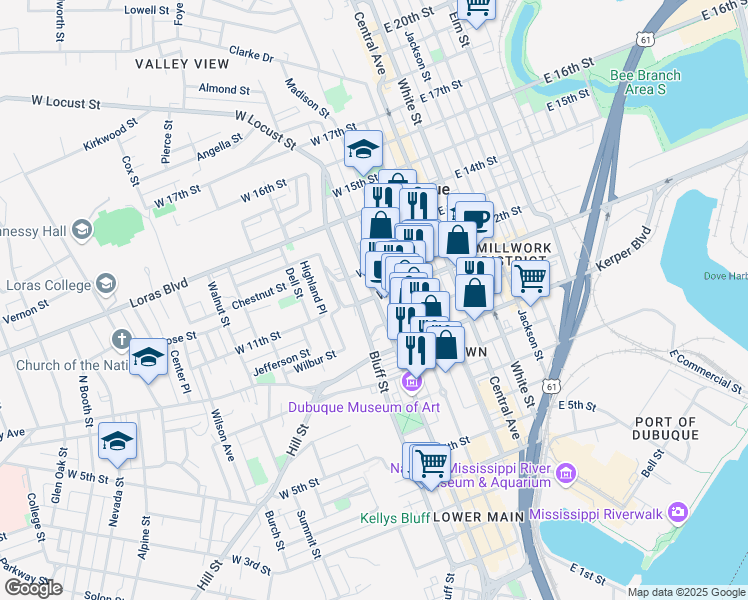 map of restaurants, bars, coffee shops, grocery stores, and more near 360 West 11th Street in Dubuque