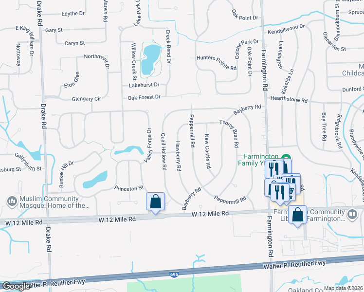 map of restaurants, bars, coffee shops, grocery stores, and more near 28226 Hawberry Road in Farmington Hills