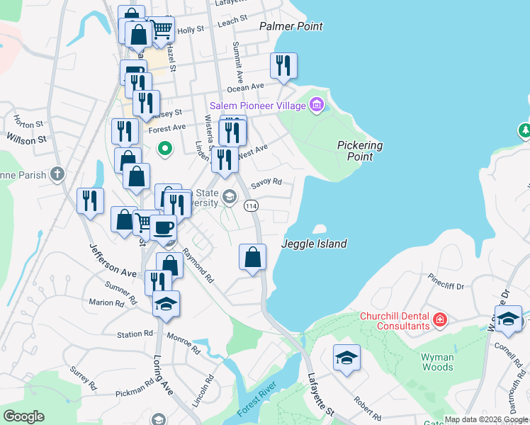 map of restaurants, bars, coffee shops, grocery stores, and more near 31 Fairview Road in Salem