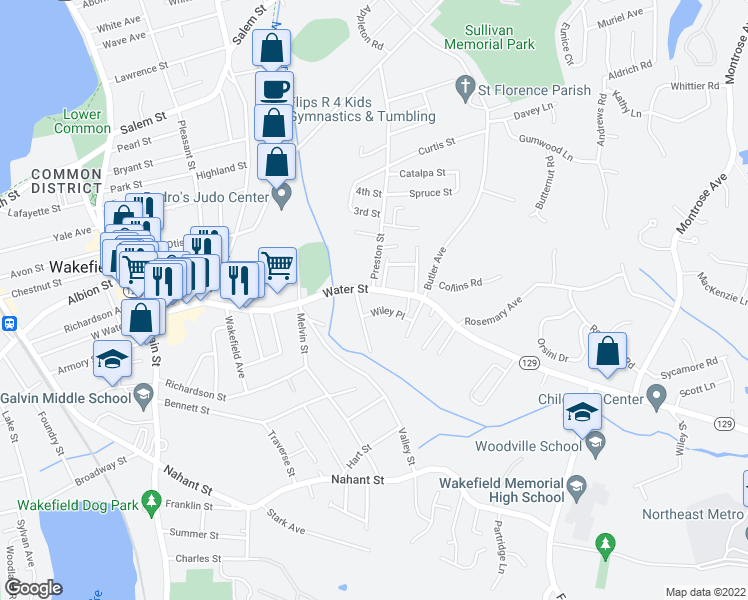map of restaurants, bars, coffee shops, grocery stores, and more near 12 Wiley Place in Wakefield