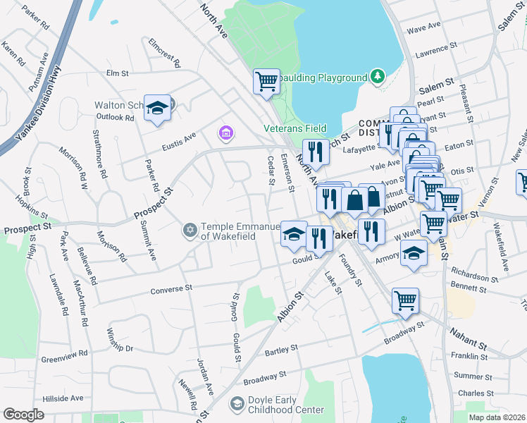 map of restaurants, bars, coffee shops, grocery stores, and more near 65 Chestnut Street in Wakefield