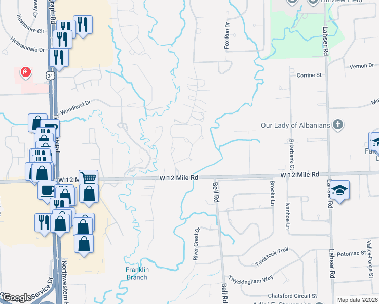 map of restaurants, bars, coffee shops, grocery stores, and more near 29332 Chanticleer Drive West in Southfield