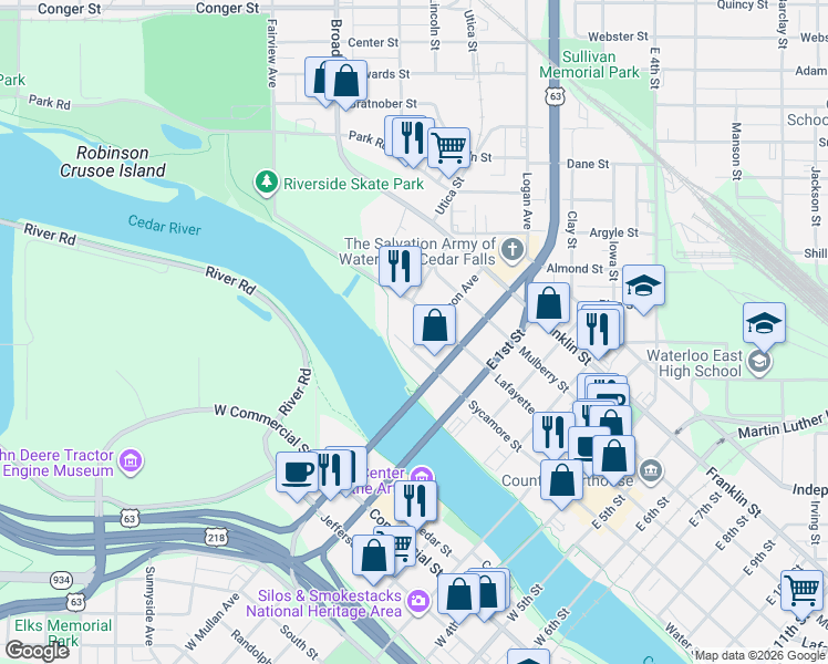 map of restaurants, bars, coffee shops, grocery stores, and more near 214 Thompson Avenue in Waterloo