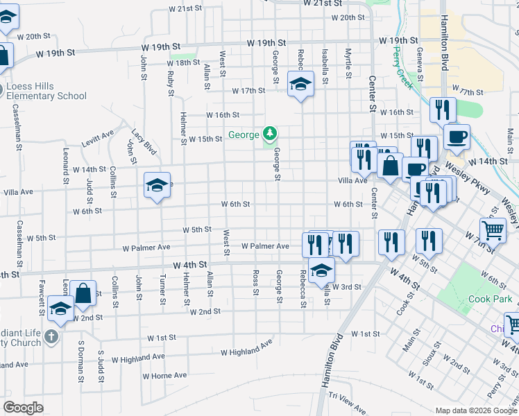 map of restaurants, bars, coffee shops, grocery stores, and more near 515 George Street in Sioux City