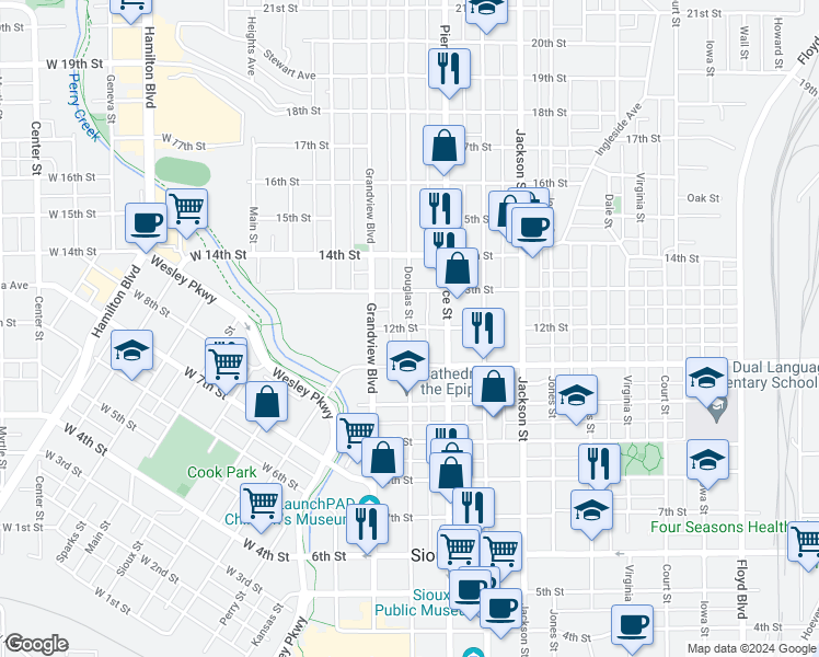 map of restaurants, bars, coffee shops, grocery stores, and more near 1200 Douglas Street in Sioux City